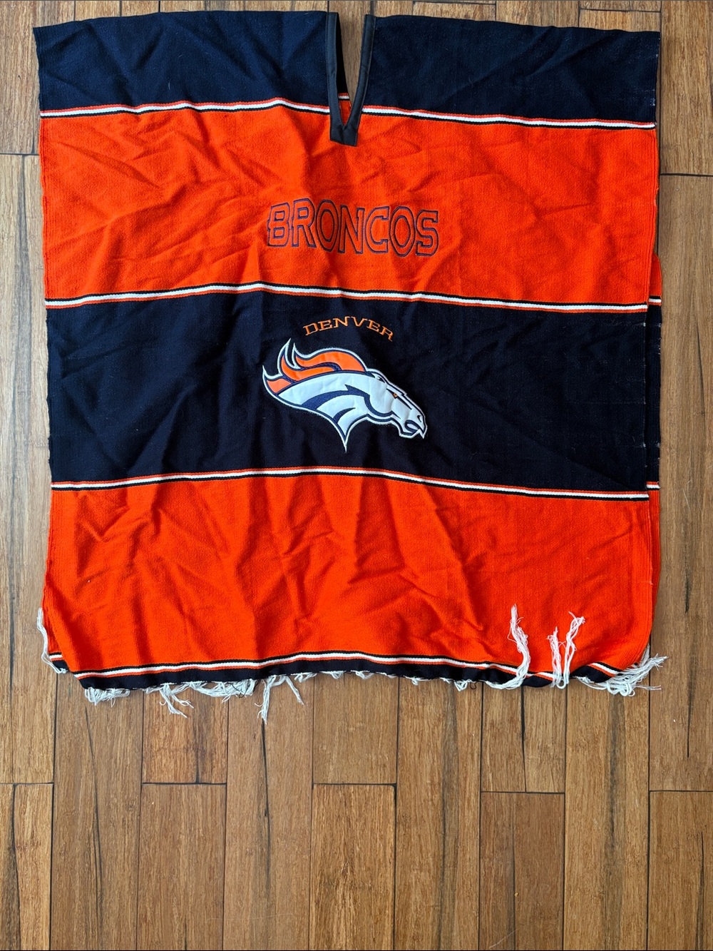 NFL Denver Broncos Poncho Embroidered Woven Fringe Orange Blue One Sze Fits Most